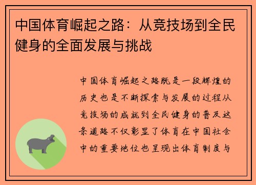 中国体育崛起之路：从竞技场到全民健身的全面发展与挑战