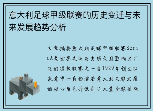 意大利足球甲级联赛的历史变迁与未来发展趋势分析